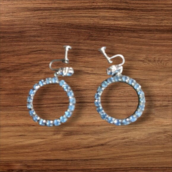 Vintage Silver-Tone Blue Rhinestone Screw-Back Hoop Earrings Estate - Picture 2 of 5